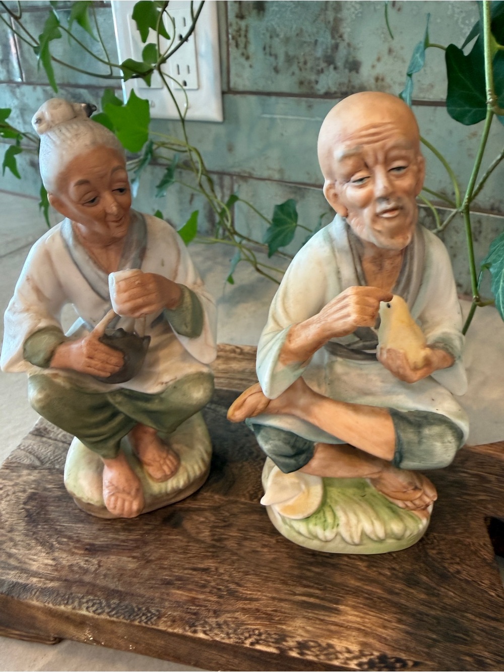Vintage Napco Japan Bisque Porcelain Asian Elder Couple Figurines Set C5463